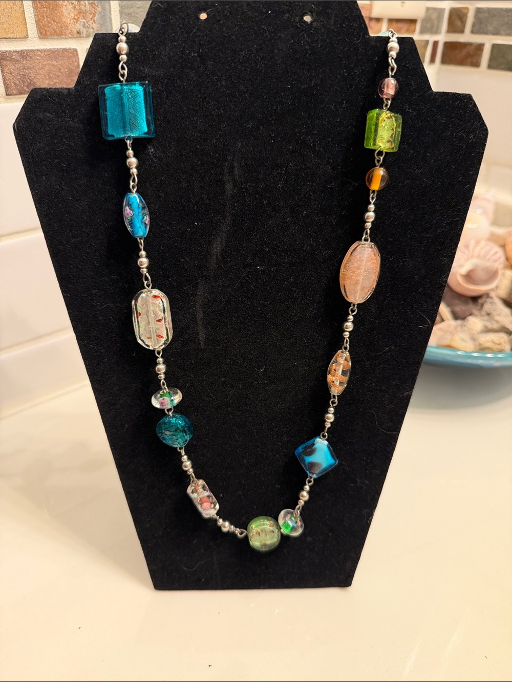 Glass Bead Statement Necklace in Teal and Green